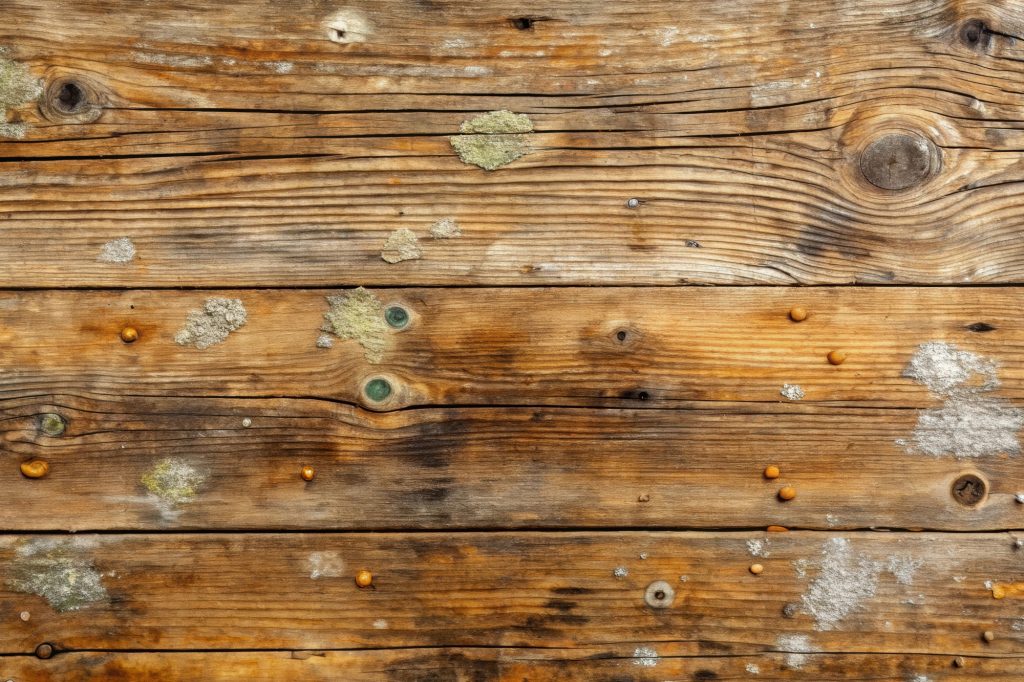 Holzdielen auf Terrasse sind verschimmelt und vergilbt.