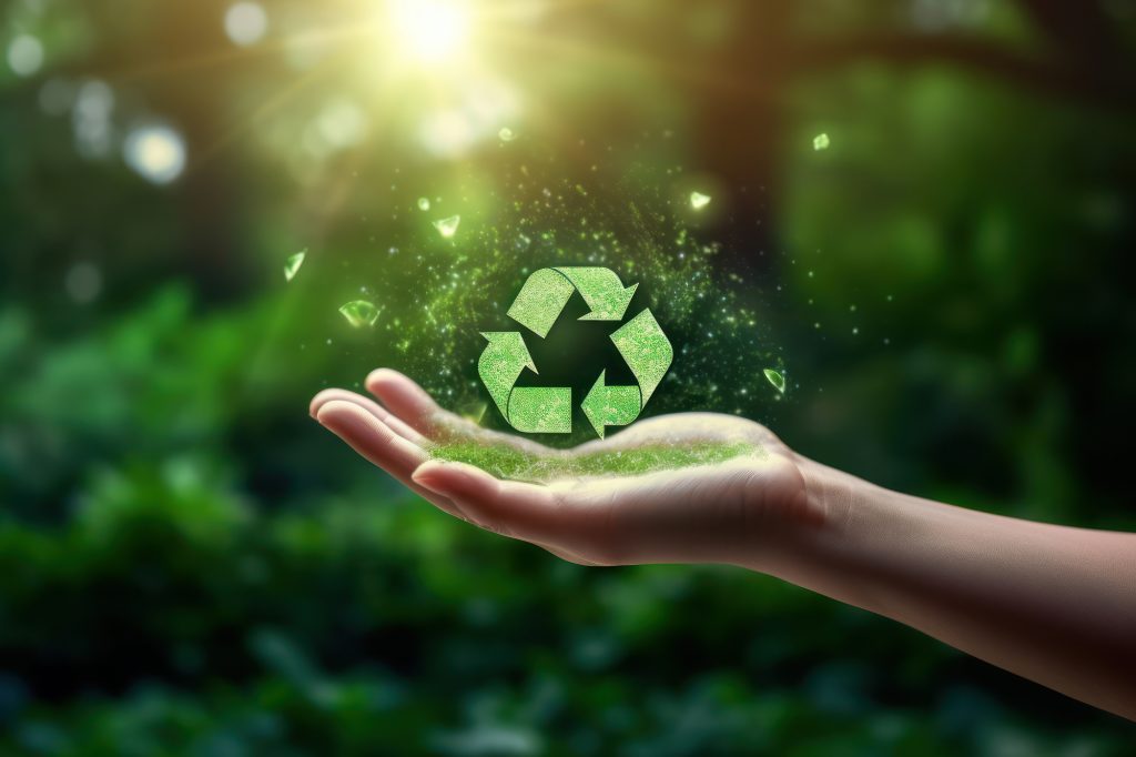Nachhaltigkeit, Recyclingsymbol auf Hand mit Wald im Hintergrund