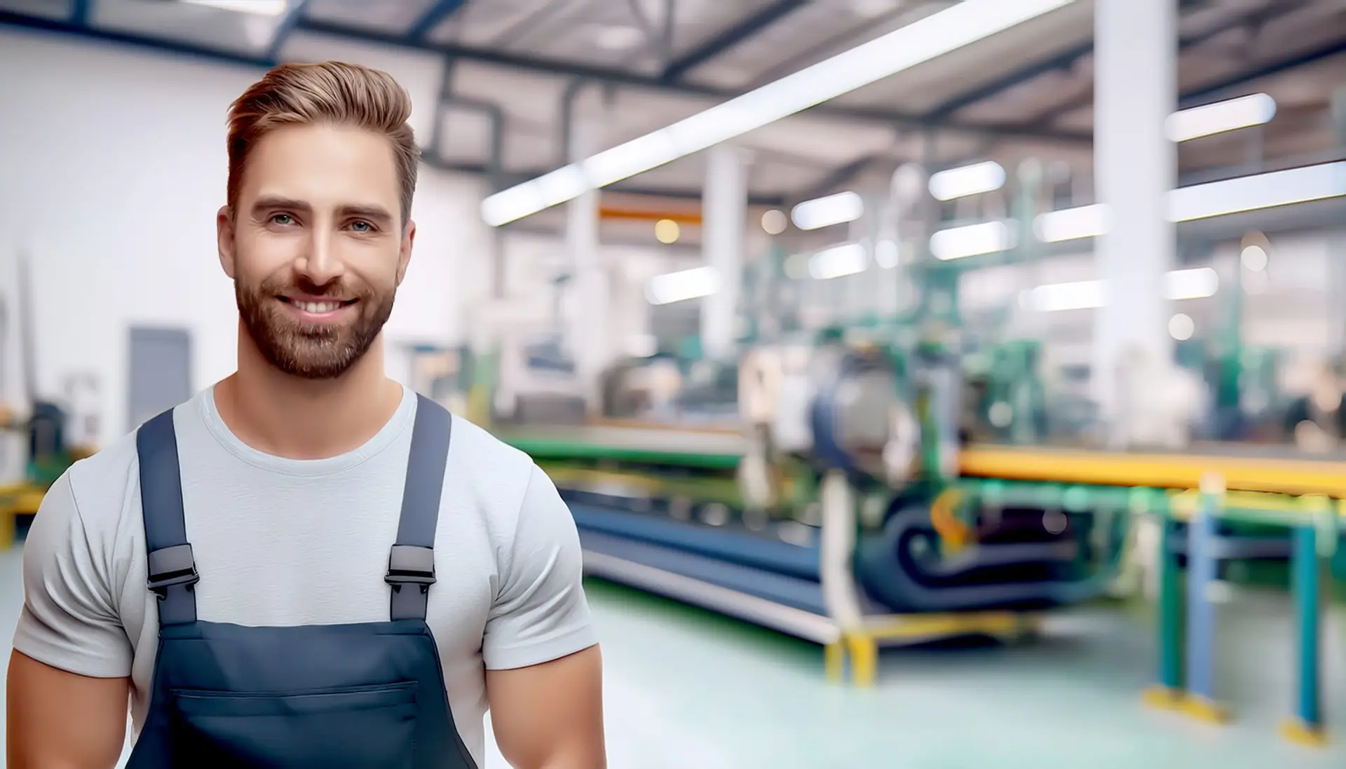 Fachkraft am Fließband im Hintergrund ist eine Industriehalle.