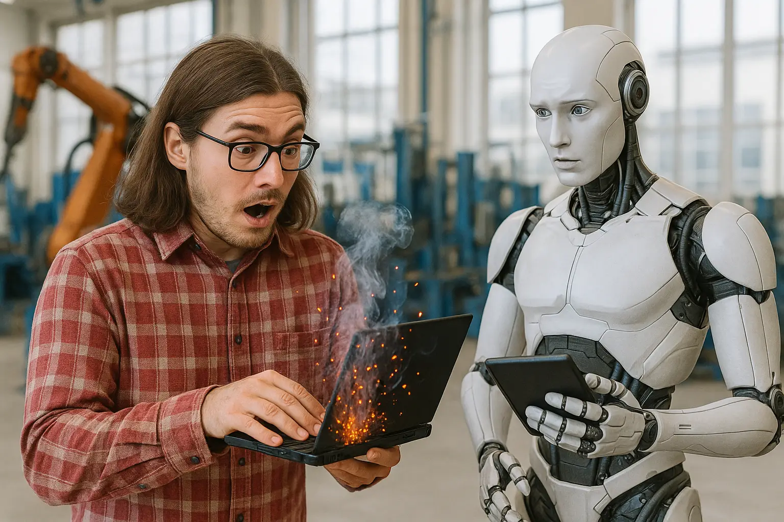 Ein Mann steht mit einem Roboter in einer Produktionshalle, während aus einem Laptop Funken sprühen.